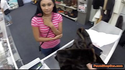 Busty latina teen gives the Pawnshop owner a blowjob for extra money